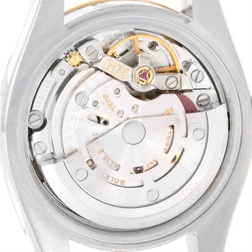 This image shows the movement and internal mechanism of a Rolex Datejust 179173 Women's Steel and Gold (two tone) Black Dial 179173 Women's Steel and Gold (two tone) Black Dial model watch from a top-down angle.