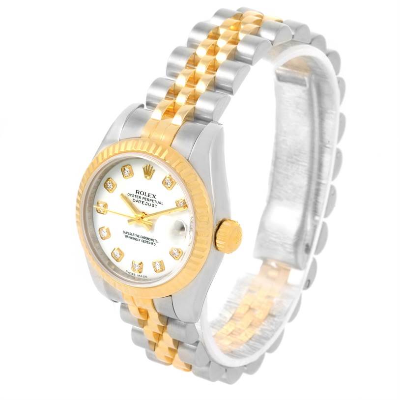 The Rolex Datejust 179173 Women's Steel and Gold (two tone) Black Dial 179173 Women's Steel and Gold (two tone) Black Dial watch is shown at an oblique angle displaying its face, bezel, crown, and bracelet.