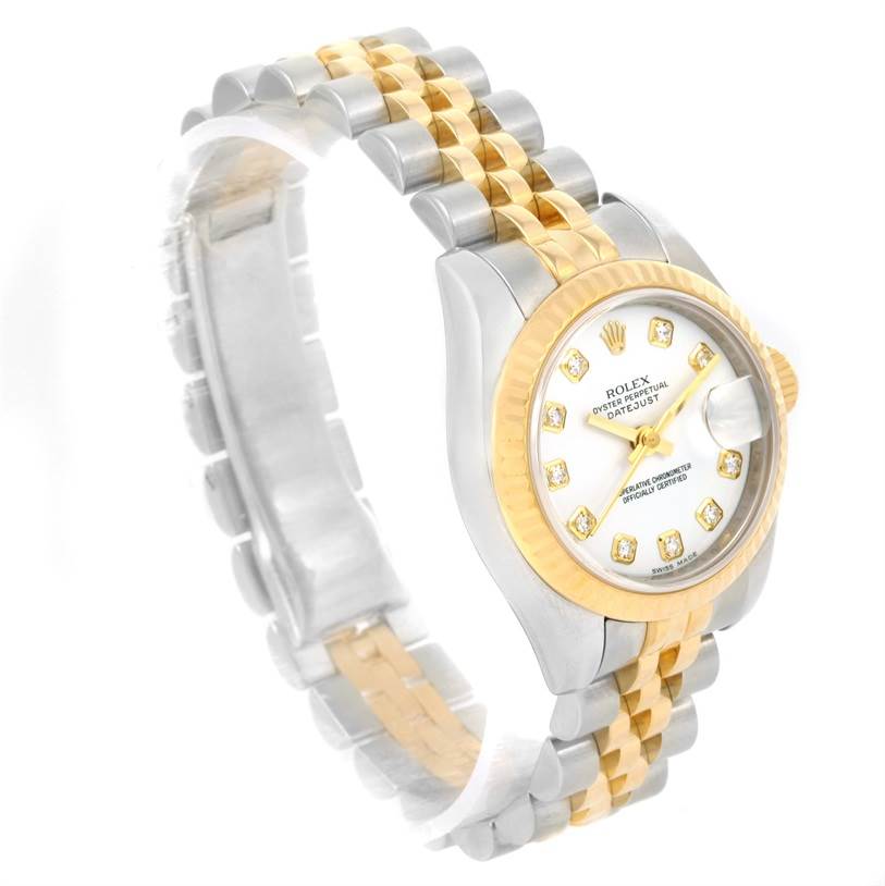 The Rolex Datejust 179173 Women's Steel and Gold (two tone) Black Dial 179173 Women's Steel and Gold (two tone) Black Dial watch is shown at a slight angle highlighting its two-tone bracelet, white dial, and fluted bezel.