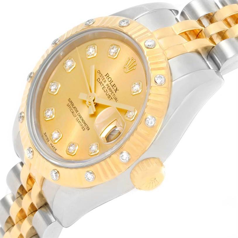 The image shows a close-up angled view of a Rolex Datejust 179313 Women
s Stainless Steel Champagne Dial 179313 Women
s Stainless Steel Champagne Dial watch, highlighting the dial, bezel, crown, and part of the bracelet.