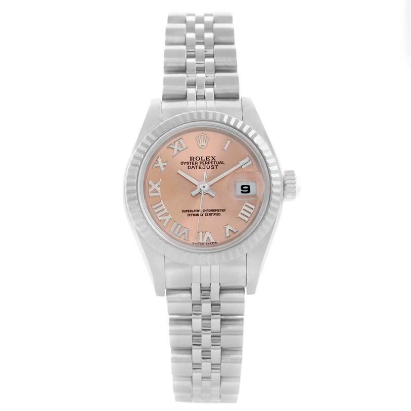 The image shows a front view of a Rolex Datejust 79174 Women's Stainless Steel Pink Dial 79174 Women's Stainless Steel Pink Dial watch with a pink dial, Roman numerals, and a jubilee bracelet.