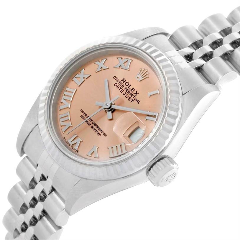The Rolex Datejust 79174 Women's Stainless Steel Pink Dial 79174 Women's Stainless Steel Pink Dial watch is shown at an angle displaying the face, bezel, crown, and part of the bracelet.