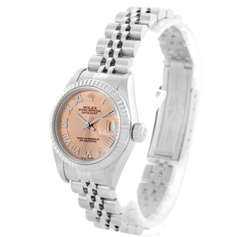 The image shows a Rolex Datejust 79174 Women's Stainless Steel Pink Dial 79174 Women's Stainless Steel Pink Dial watch at an angled view, highlighting the face, bezel, crown, and bracelet.