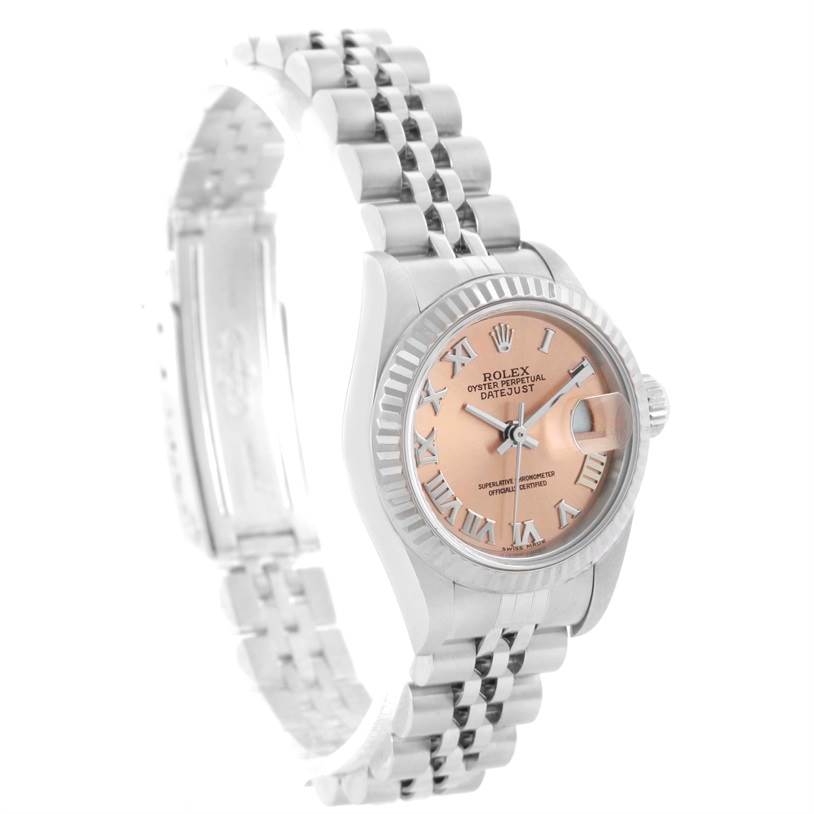 The image shows a Rolex Datejust 79174 Women's Stainless Steel Pink Dial 79174 Women's Stainless Steel Pink Dial watch at a slight side angle, featuring its dial, case, crown, and part of the bracelet.