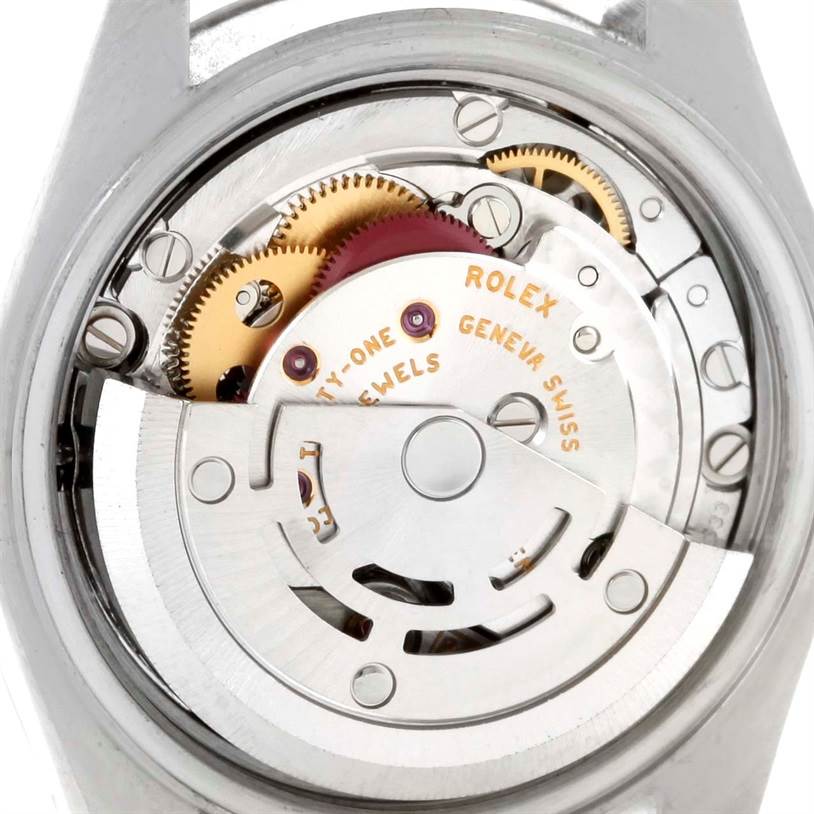 The image shows the internal mechanism and components of a Rolex Datejust 79174 Women's Stainless Steel Pink Dial 79174 Women's Stainless Steel Pink Dial watch from a back view angle.