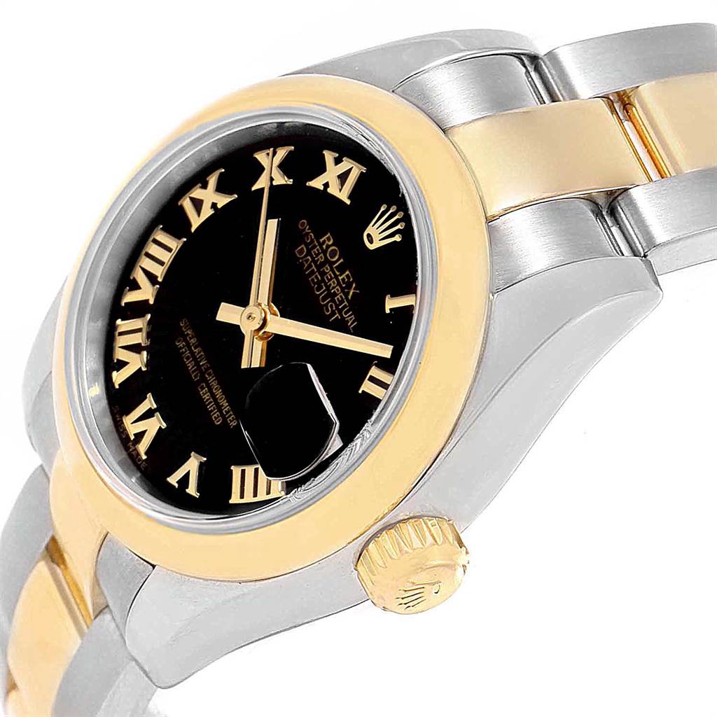 This image shows a close-up angle of a Rolex Datejust 179163 Women's Steel and Gold (two tone) Black Dial 179163 Women's Steel and Gold (two tone) Black Dial watch, highlighting the dial, bezel, crown, and part of the bracelet.