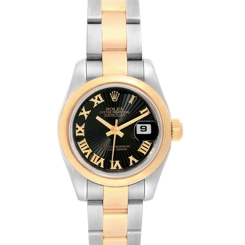 The image shows the front view of a Rolex Datejust 179163 Women's Steel and Gold (two tone) Black Dial 179163 Women's Steel and Gold (two tone) Black Dial watch, highlighting its dial, hands, date window, and two-tone bracelet.