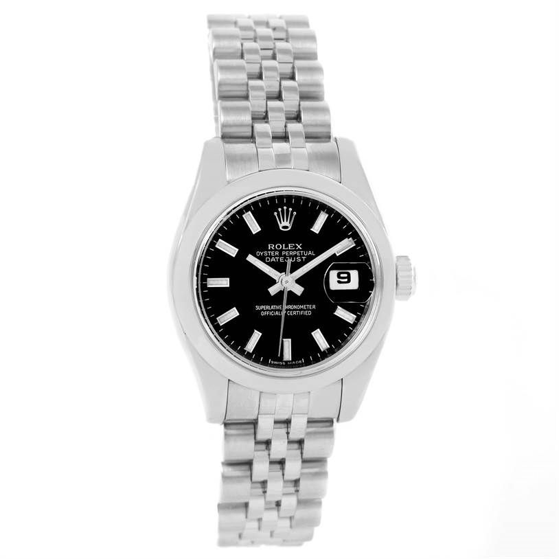 This image shows a frontal view of a Rolex Datejust 179160 Women
s Stainless Steel Black Dial 179160 Women
s Stainless Steel Black Dial watch, highlighting the dial, case, bracelet, and date display.