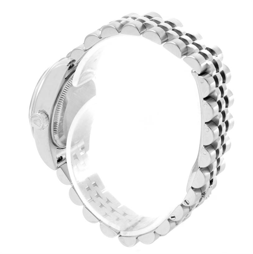 The image shows a side profile of a Rolex Datejust 179160 Women
s Stainless Steel Black Dial 179160 Women
s Stainless Steel Black Dial watch, focusing on the crown, case, and bracelet.