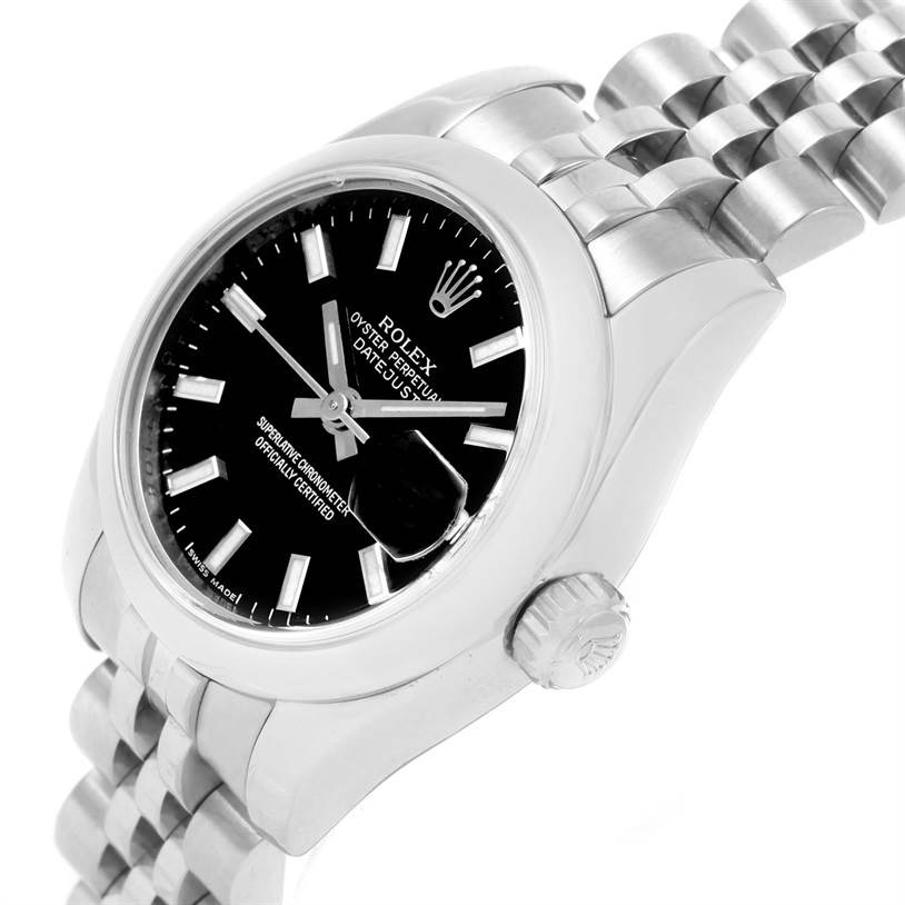 This Rolex Datejust 179160 Women
s Stainless Steel Black Dial 179160 Women
s Stainless Steel Black Dial watch is shown at an angled view, highlighting the case, bracelet, dial, and crown.