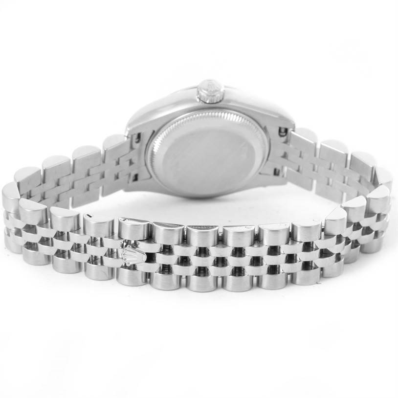 The image shows the case back and bracelet of a Rolex Datejust 179160 Women
s Stainless Steel Black Dial 179160 Women
s Stainless Steel Black Dial watch from a rear angle.