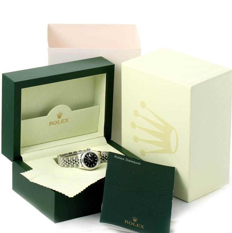The image shows a Rolex Datejust 179160 Women
s Stainless Steel Black Dial 179160 Women
s Stainless Steel Black Dial watch in its box, with the outer box and watch manual also visible.