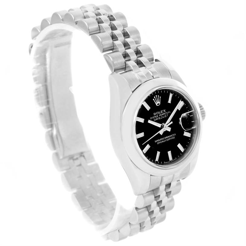The image displays a Rolex Datejust 179160 Women
s Stainless Steel Black Dial 179160 Women
s Stainless Steel Black Dial watch at a three-quarter angle, showing the face, bezel, and bracelet.