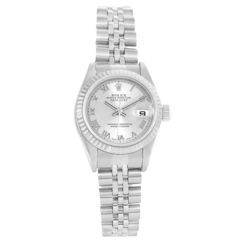 The image shows a Rolex Datejust 79174 Women
s Stainless Steel Silver Dial 79174 Women
s Stainless Steel Silver Dial watch from a front angle, displaying the face, bracelet, and crown.