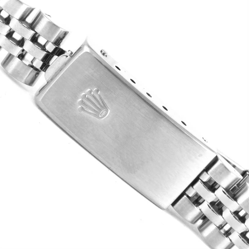 This image shows the clasp and part of the Jubilee bracelet of a Rolex Datejust 79174 Women
s Stainless Steel Silver Dial 79174 Women
s Stainless Steel Silver Dial watch.