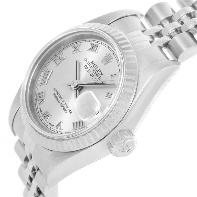This image shows a close-up angle of the Rolex Datejust 79174 Women
s Stainless Steel Silver Dial 79174 Women
s Stainless Steel Silver Dial watch, highlighting the dial, bezel, crown, and part of the bracelet.