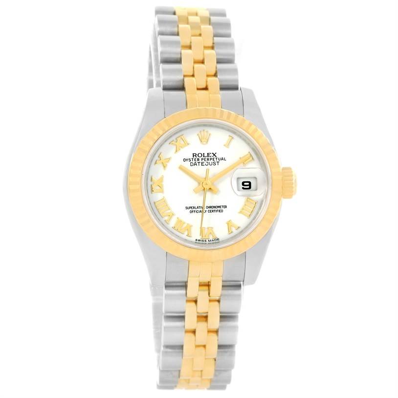 The image shows a Rolex Datejust 179173 Women's Steel and Gold (two tone) White Dial 179173 Women's Steel and Gold (two tone) White Dial watch from a front angle, displaying the dial, bezel, and bracelet with a mix of silver and gold tones.