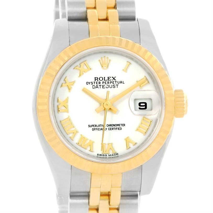 The image shows a front view of the Rolex Datejust 179173 Women's Steel and Gold (two tone) White Dial 179173 Women's Steel and Gold (two tone) White Dial watch, highlighting the dial, bezel, and part of the bracelet.