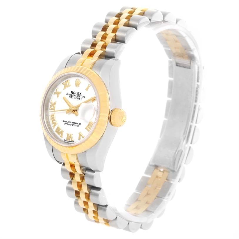 The image shows a side view of the Rolex Datejust 179173 Women's Steel and Gold (two tone) White Dial 179173 Women's Steel and Gold (two tone) White Dial watch, highlighting its face, bezel, crown, and two-tone bracelet.