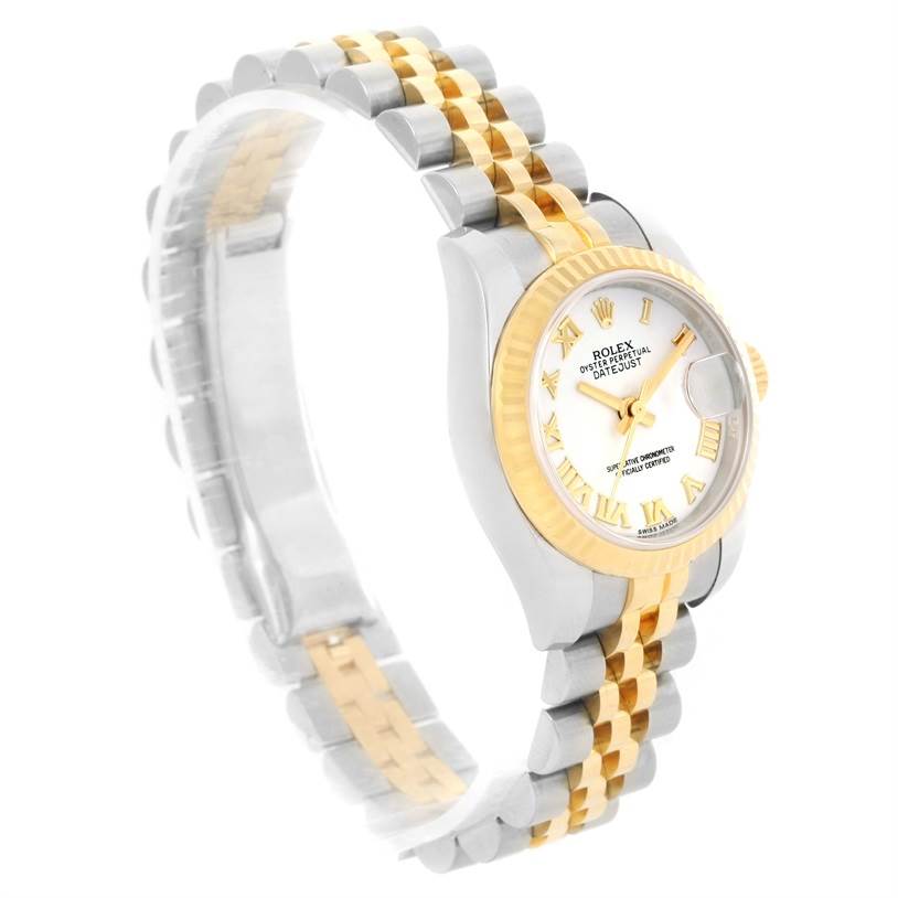 The image shows a Rolex Datejust 179173 Women's Steel and Gold (two tone) White Dial 179173 Women's Steel and Gold (two tone) White Dial watch at a slight angle, highlighting its face, bezel, and two-tone bracelet.