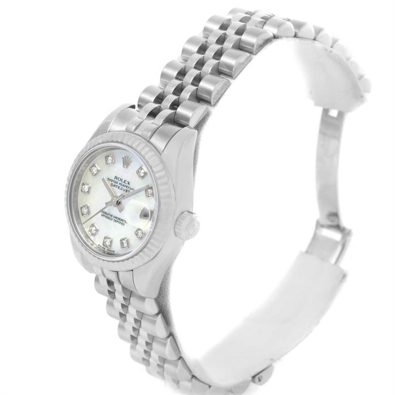 The image shows a Rolex Datejust 179174 Women
s Stainless Steel Mother of Pearl Dial 179174 Women
s Stainless Steel Mother of Pearl Dial watch at a three-quarter angle, displaying the dial, bezel, case, crown, and part of the bracelet.