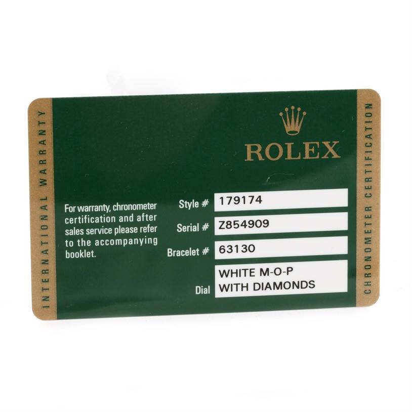 The image shows a warranty card for the Rolex Datejust 179174 Women
s Stainless Steel Mother of Pearl Dial 179174 Women
s Stainless Steel Mother of Pearl Dial model, listing the style, serial, bracelet numbers, and dial details.