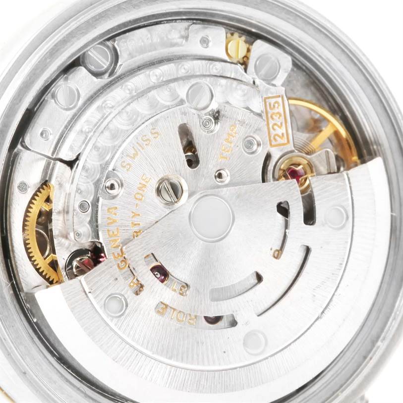 This image shows the movement mechanism of a Rolex Datejust 79173 Women
s Stainless Steel White Dial 79173 Women
s Stainless Steel White Dial watch, focusing on the intricate internal components.