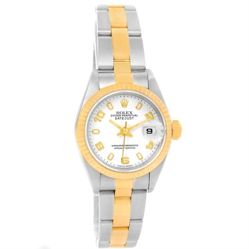 This image shows a Rolex Datejust 79173 Women
s Stainless Steel White Dial 79173 Women
s Stainless Steel White Dial watch from a front angle, highlighting its two-tone bracelet and date display.