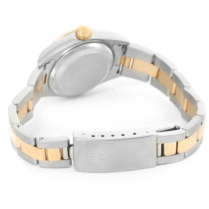 The image shows the back case and bracelet clasp of a Rolex Datejust 79173 Women
s Stainless Steel White Dial 79173 Women
s Stainless Steel White Dial watch, highlighting the two-tone metal design.