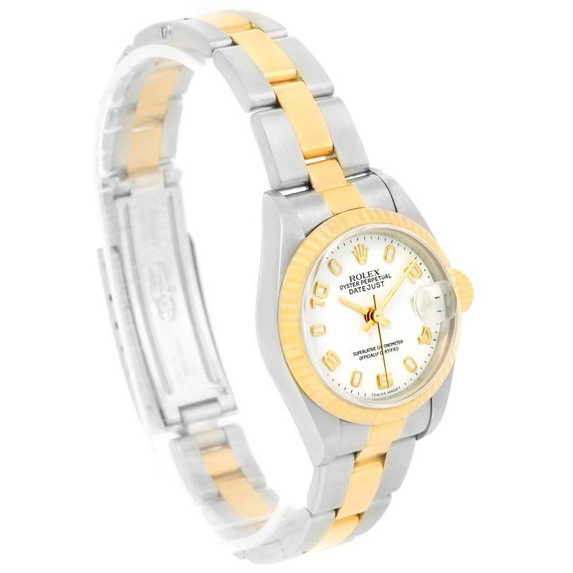 The image shows a side angle of the Rolex Datejust 79173 Women
s Stainless Steel White Dial 79173 Women
s Stainless Steel White Dial watch, emphasizing its two-tone bracelet, bezel, and dial.