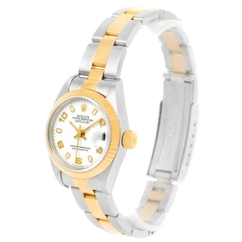 The image shows a Rolex Datejust 79173 Women
s Stainless Steel White Dial 79173 Women
s Stainless Steel White Dial watch at a slight left-side angle, highlighting its bezel, dial, and bracelet.