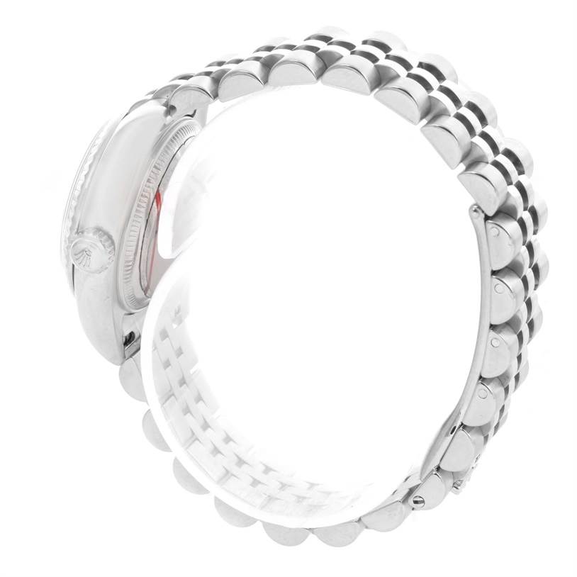 This image shows the bracelet and side profile of the case of a Rolex Datejust 179174 Women's Stainless Steel Black Dial 179174 Women's Stainless Steel Black Dial watch.