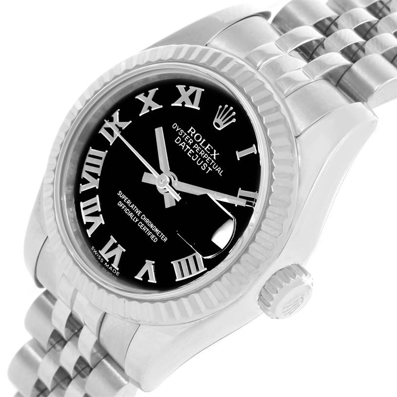 The image shows a Rolex Datejust 179174 Women's Stainless Steel Black Dial 179174 Women's Stainless Steel Black Dial watch at an angled close-up, highlighting the dial, bezel, and part of the bracelet.