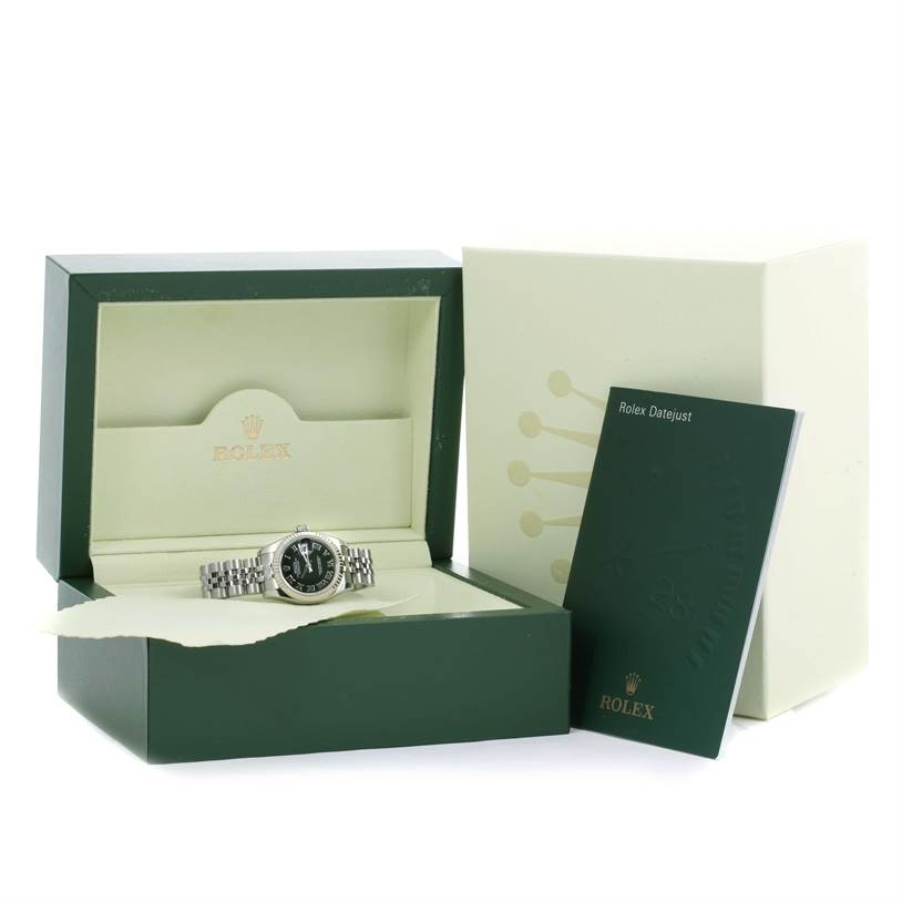 The image shows a Rolex Datejust 179174 Women's Stainless Steel Black Dial 179174 Women's Stainless Steel Black Dial watch in its open box, accompanied by a booklet and outer packaging.