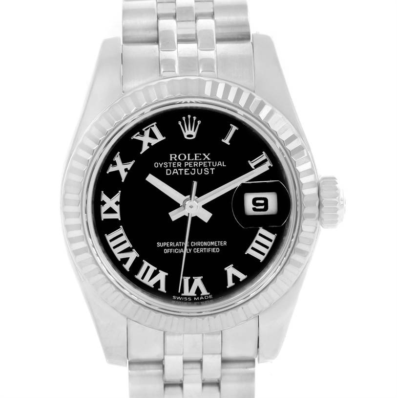 The image shows the front view of a Rolex Datejust 179174 Women's Stainless Steel Black Dial 179174 Women's Stainless Steel Black Dial watch, highlighting the black dial, Roman numerals, and date window.