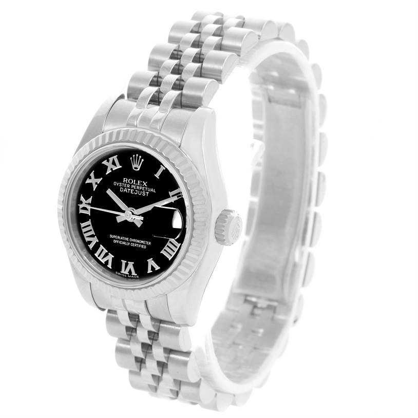 The image shows a Rolex Datejust 179174 Women's Stainless Steel Black Dial 179174 Women's Stainless Steel Black Dial watch at a front angle, highlighting its dial, case, crown, and Jubilee bracelet.