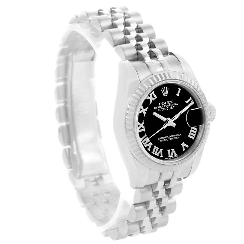 The image shows a Rolex Datejust 179174 Women's Stainless Steel Black Dial 179174 Women's Stainless Steel Black Dial watch, angled to display the face with Roman numerals and part of the bracelet.