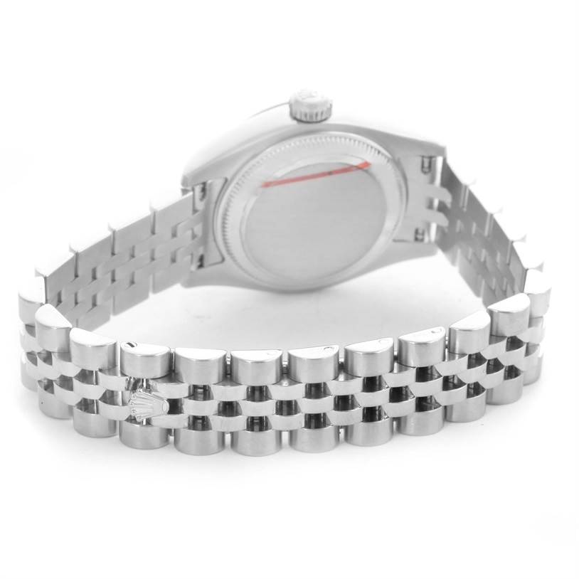 The image shows the back case and bracelet of a Rolex Datejust 179174 Women's Stainless Steel Black Dial 179174 Women's Stainless Steel Black Dial watch from a rear angle.