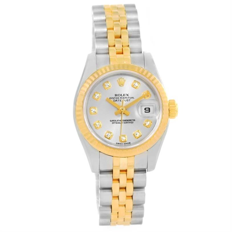 The image shows a front view of a Rolex Datejust 179173 Women's Steel and Gold (two tone) Silver Dial 179173 Women's Steel and Gold (two tone) Silver Dial watch, displaying its two-tone bracelet, bezel, and dial with date window.