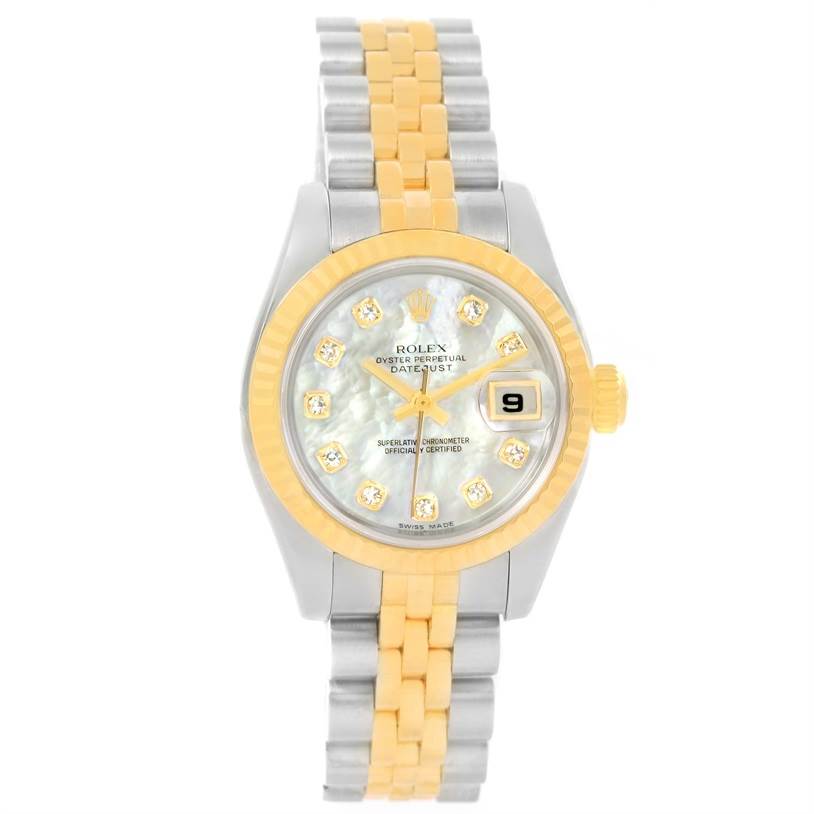 The image shows a Rolex Datejust 179173 Women's Steel and Gold (two tone) Mother of Pearl Dial 179173 Women's Steel and Gold (two tone) Mother of Pearl Dial watch from a top-down angle, featuring a two-tone bracelet and a diamond-accented dial.