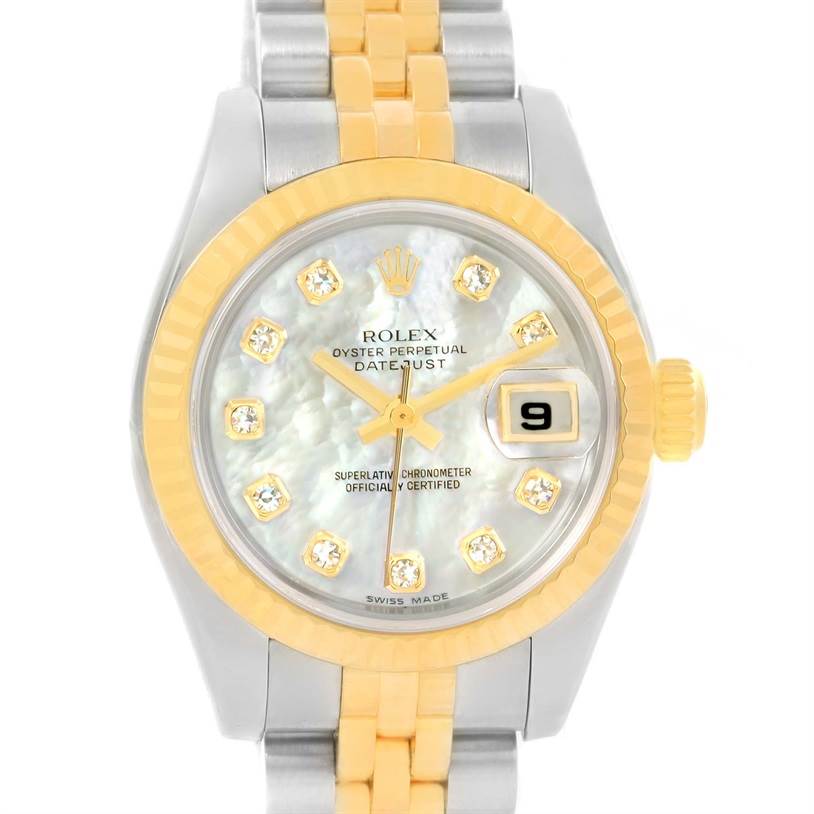 This image shows a front view of a Rolex Datejust 179173 Women's Steel and Gold (two tone) Mother of Pearl Dial 179173 Women's Steel and Gold (two tone) Mother of Pearl Dial watch, displaying the face, bezel, and part of the bracelet.