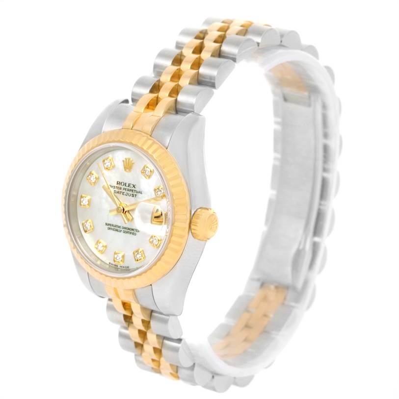 This image shows a side-angle view of the Rolex Datejust 179173 Women's Steel and Gold (two tone) Mother of Pearl Dial 179173 Women's Steel and Gold (two tone) Mother of Pearl Dial watch, highlighting the face, bezel, and two-tone bracelet.