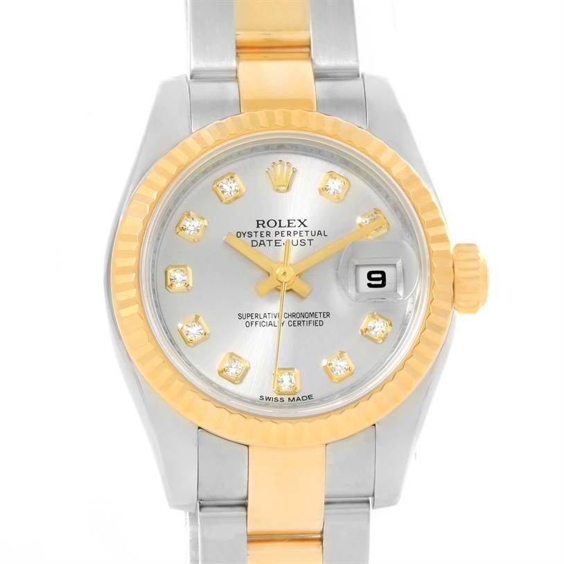 The image shows a frontal view of a Rolex Datejust 179173SDO Women's Steel and Gold (two tone) Silver Dial 179173SDO Women's Steel and Gold (two tone) Silver Dial watch, highlighting the dial, bezel, crown, and part of the bracelet.