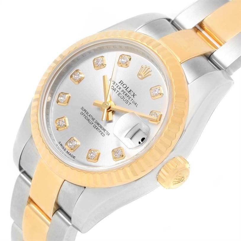 The Rolex Datejust 179173SDO Women's Steel and Gold (two tone) Silver Dial 179173SDO Women's Steel and Gold (two tone) Silver Dial watch is shown at an angle with the dial, bezel, crown, and part of the bracelet visible.