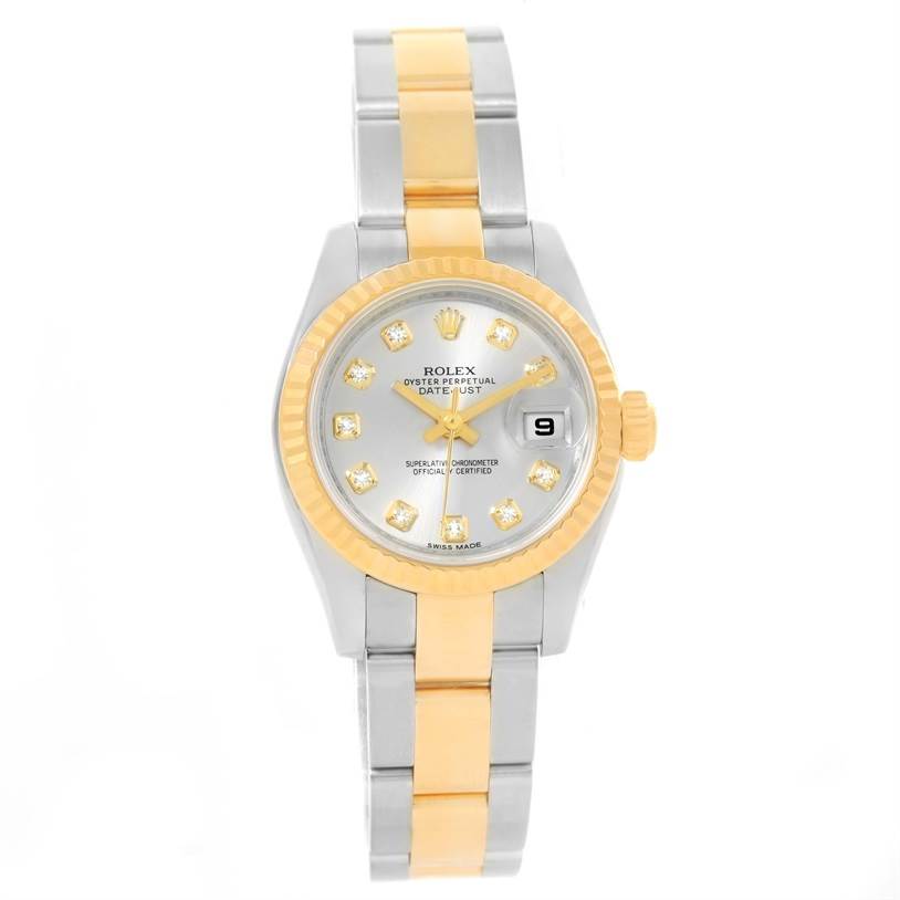 This is a front view of the Rolex Datejust 179173SDO Women's Steel and Gold (two tone) Silver Dial 179173SDO Women's Steel and Gold (two tone) Silver Dial watch, showing the dial, bezel, bracelet, and crown.