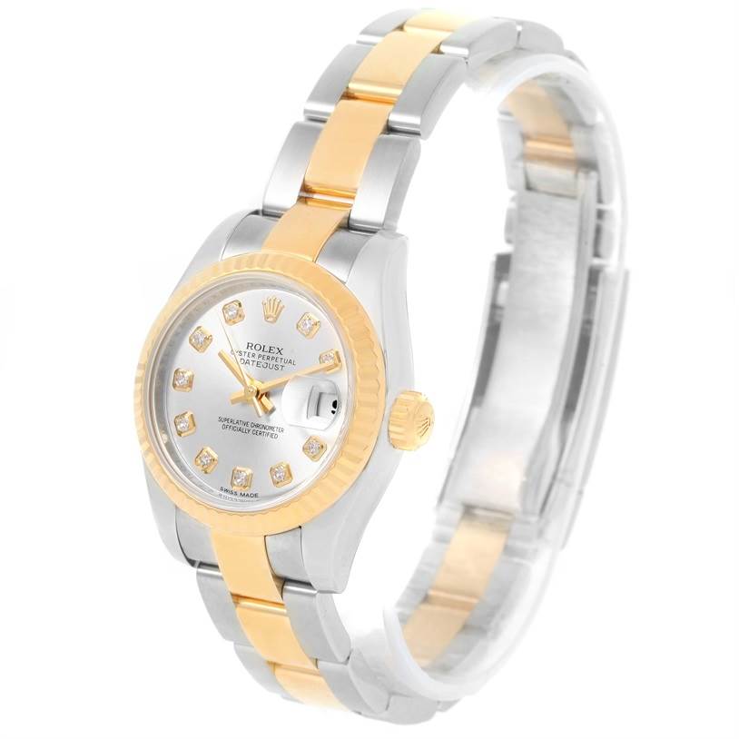 The image shows a Rolex Datejust 179173SDO Women's Steel and Gold (two tone) Silver Dial 179173SDO Women's Steel and Gold (two tone) Silver Dial model watch at a three-quarter angle, highlighting the face, bezel, and bracelet.