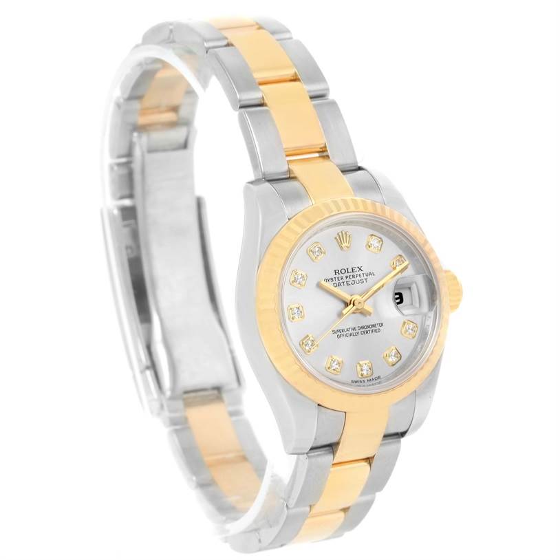 The image shows a Rolex Datejust 179173SDO Women's Steel and Gold (two tone) Silver Dial 179173SDO Women's Steel and Gold (two tone) Silver Dial watch, viewed from a front angle, showcasing its two-tone bracelet, dial, and bezel.