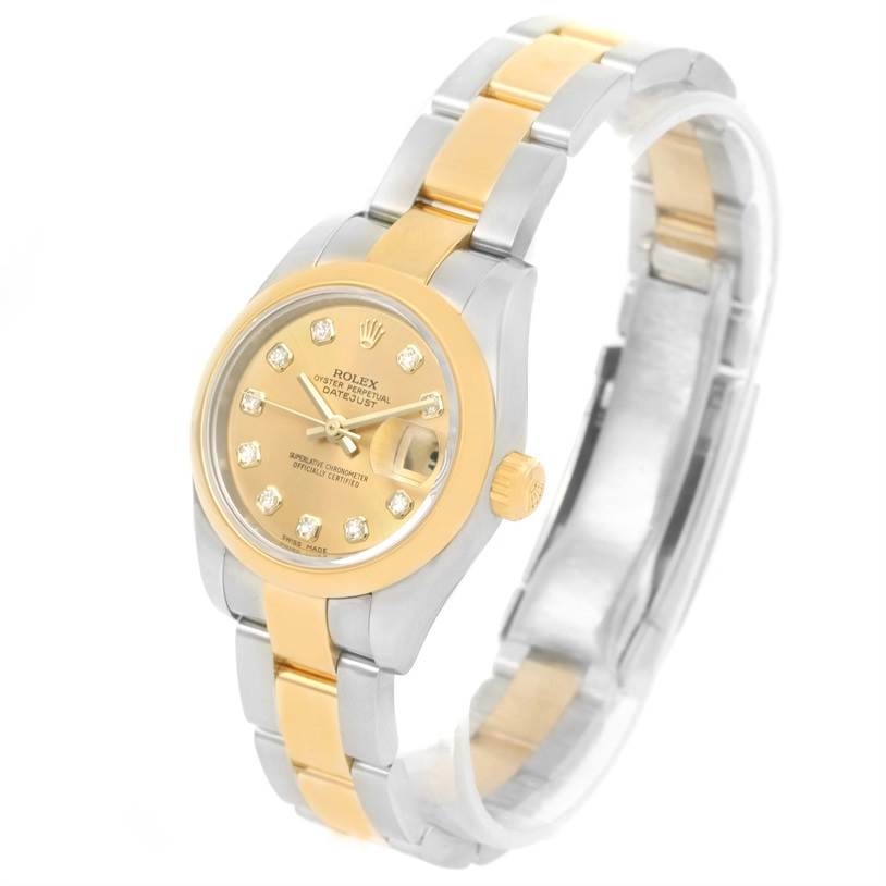 The Rolex Datejust 179163 Women's Steel and Gold (two tone) Champagne Dial 179163 Women's Steel and Gold (two tone) Champagne Dial model watch is shown at a slight angle, displaying the gold bezel, dial, and two-tone bracelet.