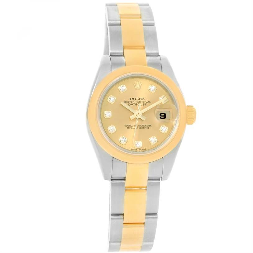 The image shows a Rolex Datejust 179163 Women's Steel and Gold (two tone) Champagne Dial 179163 Women's Steel and Gold (two tone) Champagne Dial watch from a front angle, highlighting its two-tone bracelet and dial with diamond hour markers.