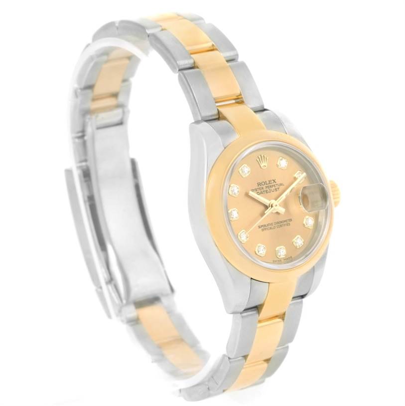 The image shows a side-angle view of a Rolex Datejust 179163 Women's Steel and Gold (two tone) Champagne Dial 179163 Women's Steel and Gold (two tone) Champagne Dial watch, highlighting its two-tone bracelet and champagne dial with diamond markers.